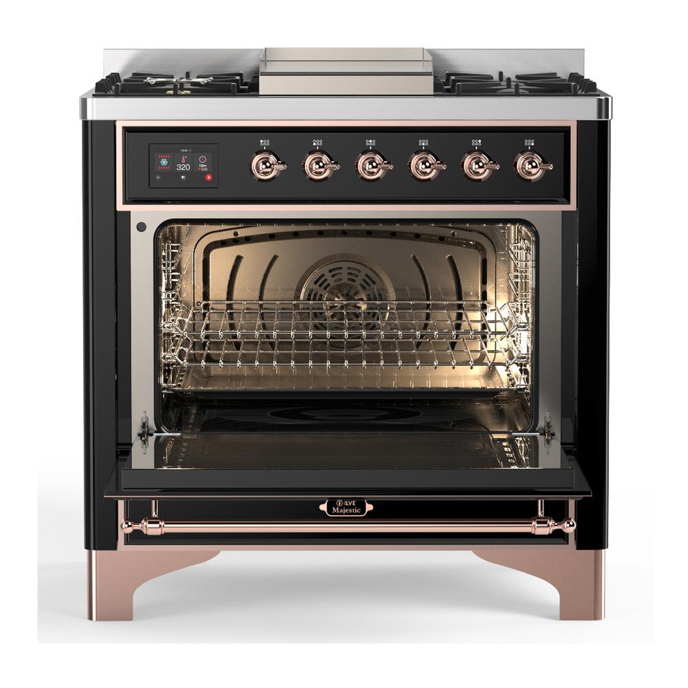 Ilve UM36FQNR3BKP Ilve Um36Fqnr3Bkp Majestic Iii 36 Inch Dual Fuel Range With 6 Black Brass Burners And Griddle, Dual Function Burner Up To 25,000 Btu (Solid Door, Glossy Black, Copper, Natural Gas)