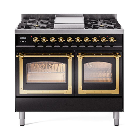 Ilve UND40FNMPBKG Ilve Und40Fnmpbkg Nostalgie Ii Noblesse 40" Dual Fuel Range (Natural Gas, Triple Glass Door, Glossy Black, Brass)