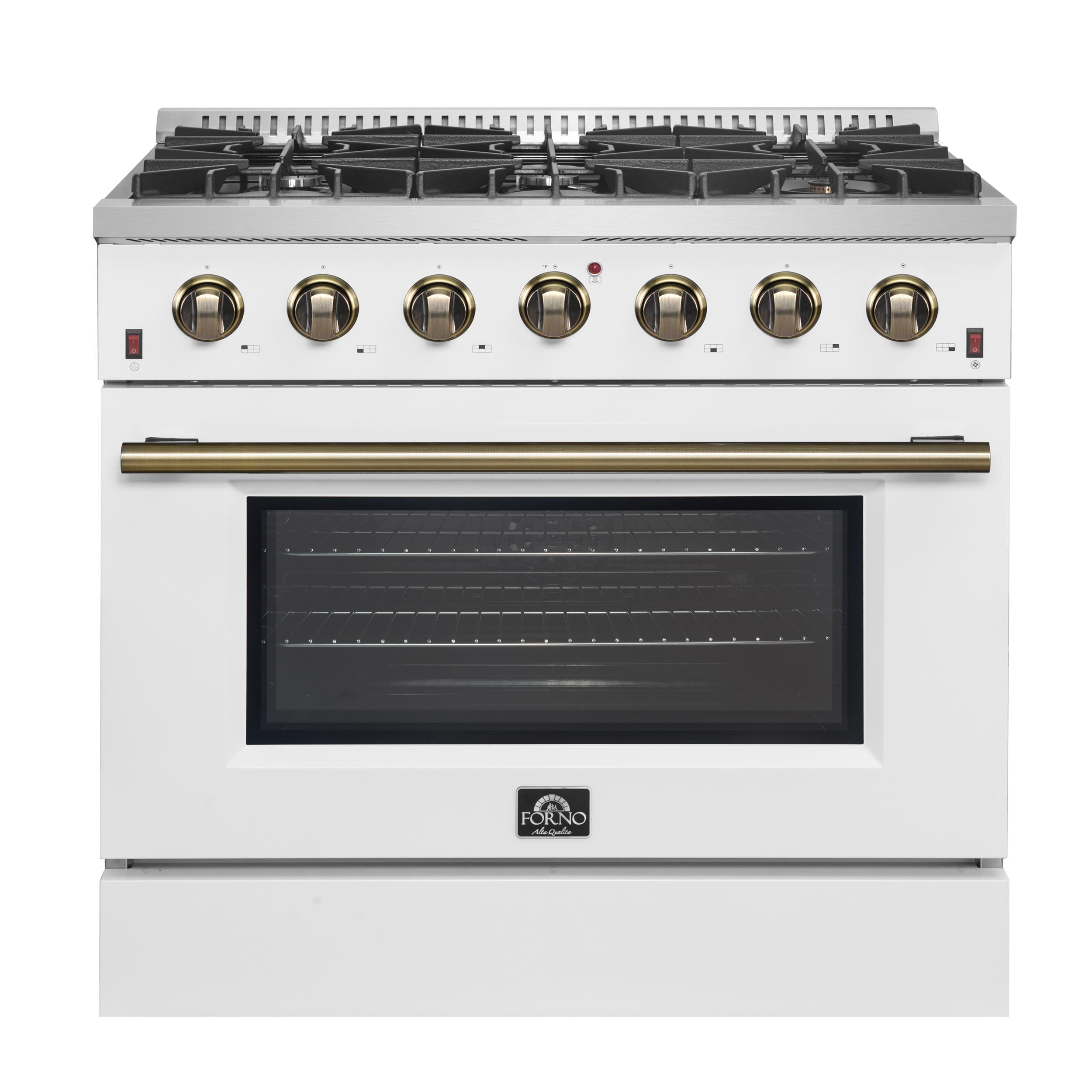 Forno FFSGS624436WHT Forno Galiano 36-Inch Freestanding Gas Range In White With Antique Brass Design, 6 Burners, 83,000 Btu, 5.36 Cu.Ft. Convection Oven