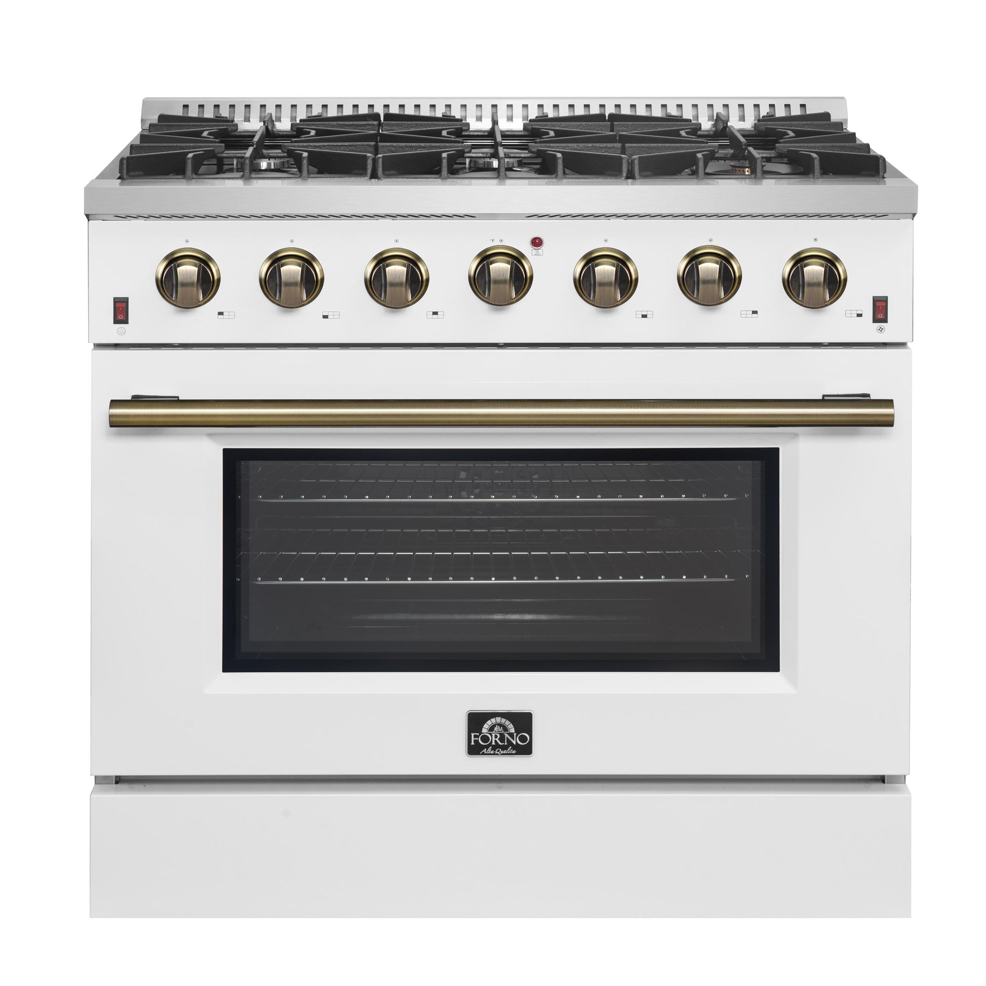 Forno FFSGS624436WHT Forno Galiano 36-Inch Freestanding Gas Range In White With Antique Brass Design, 6 Burners, 83,000 Btu, 5.36 Cu.Ft. Convection Oven