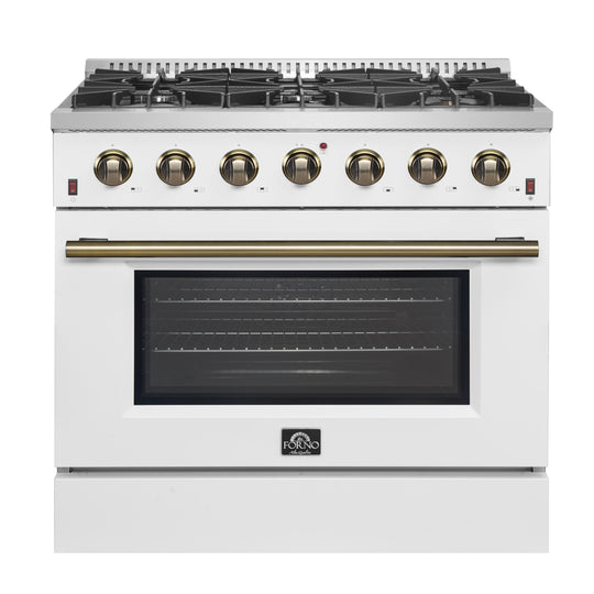 Forno FFSGS624436WHT Forno Galiano 36-Inch Freestanding Gas Range In White With Antique Brass Design, 6 Burners, 83,000 Btu, 5.36 Cu.Ft. Convection Oven