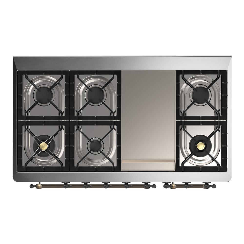 Ilve UM48FNR3BKBLP Ilve Um48Fnr3Bkblp Majestic Iii 48 Inch Dual Fuel Range With 8 Burners And Griddle, Dual Function Burner Up To 25,000 Btu (Liquid Propane, Triple Glass Door, Glossy Black, Burnished)