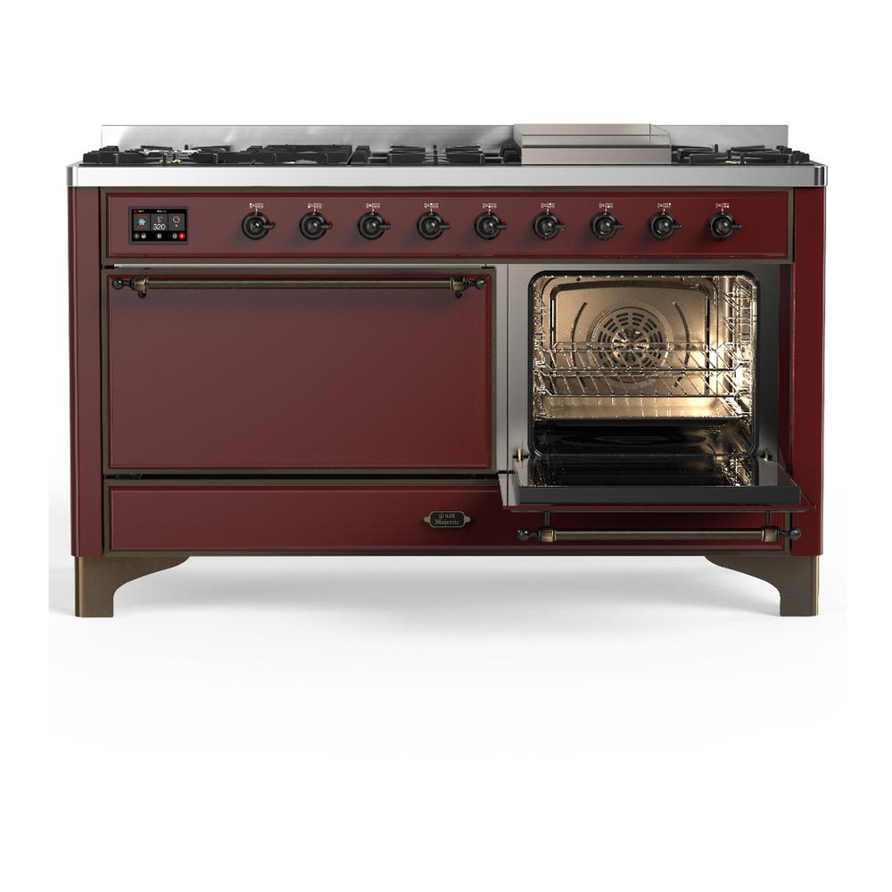 Ilve UM60FQNR3BUBLP Ilve Um60Fqnr3Bublp Majestic Iii 60 Inch Dual Fuel Range With 9 Burners And Griddle, Dual Function Burner Up To 25,000 Btu (Liquid Propane, Solid Door, Burgundy, Burnished)