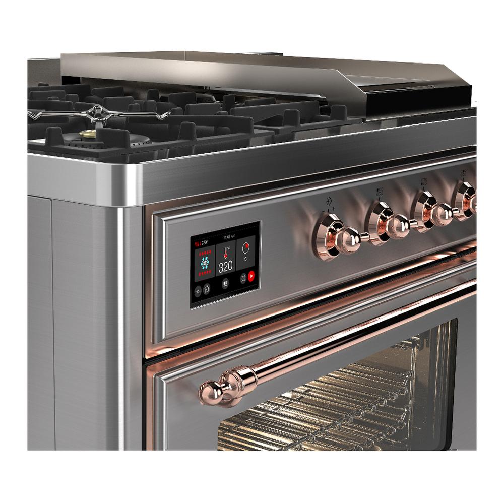 Ilve UM48FSNR3SSP Ilve Um48Fsnr3Ssp Majestic Iii 48 Inch Dual Fuel Range With 5 Black Brass Burners, Griddle And French Top, Dual Function Burner Up To 25,000 Btu (Natural Gas, Triple Glass Door, Stainless Steel, Copper)