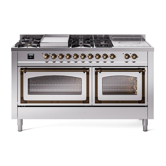 Ilve UN60FSNMPSSB Ilve Un60Fsnmpssb Nostalgie Ii Noblesse 60" Dual Fuel Range (7 Sealed Burners + Griddle + French Top, Natural Gas, Triple Glass Door, Stainless Steel, Burnished)