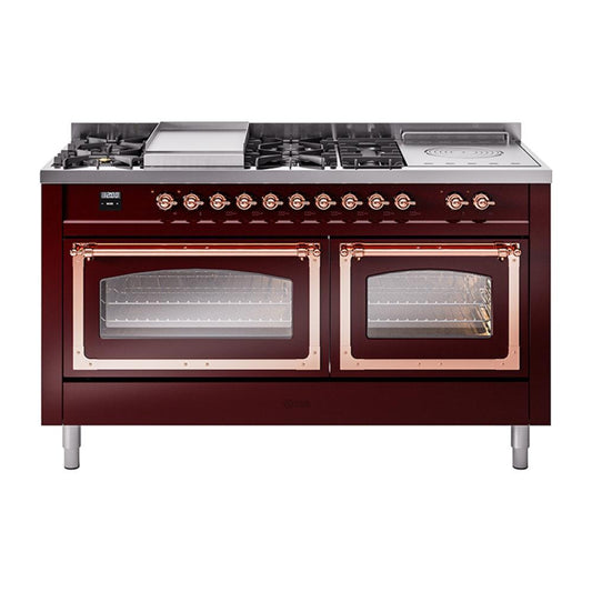 Ilve UN60FSNMPBUP Ilve Un60Fsnmpbup Nostalgie Ii Noblesse 60" Dual Fuel Range (7 Sealed Burners + Griddle + French Top, Natural Gas, Triple Glass Door, Burgundy, Copper)