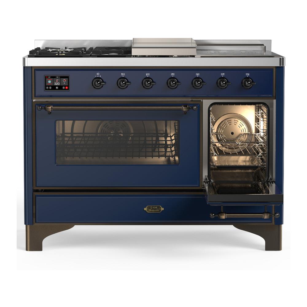 Ilve UM48FSNR3MBBLP Ilve Um48Fsnr3Mbblp Majestic Iii 48 Inch Dual Fuel Range With 5 Black Brass Burners, Griddle And French Top, Dual Function Burner Up To 25,000 Btu (Liquid Propane, Triple Glass Door, Midnight Blue, Burnished)