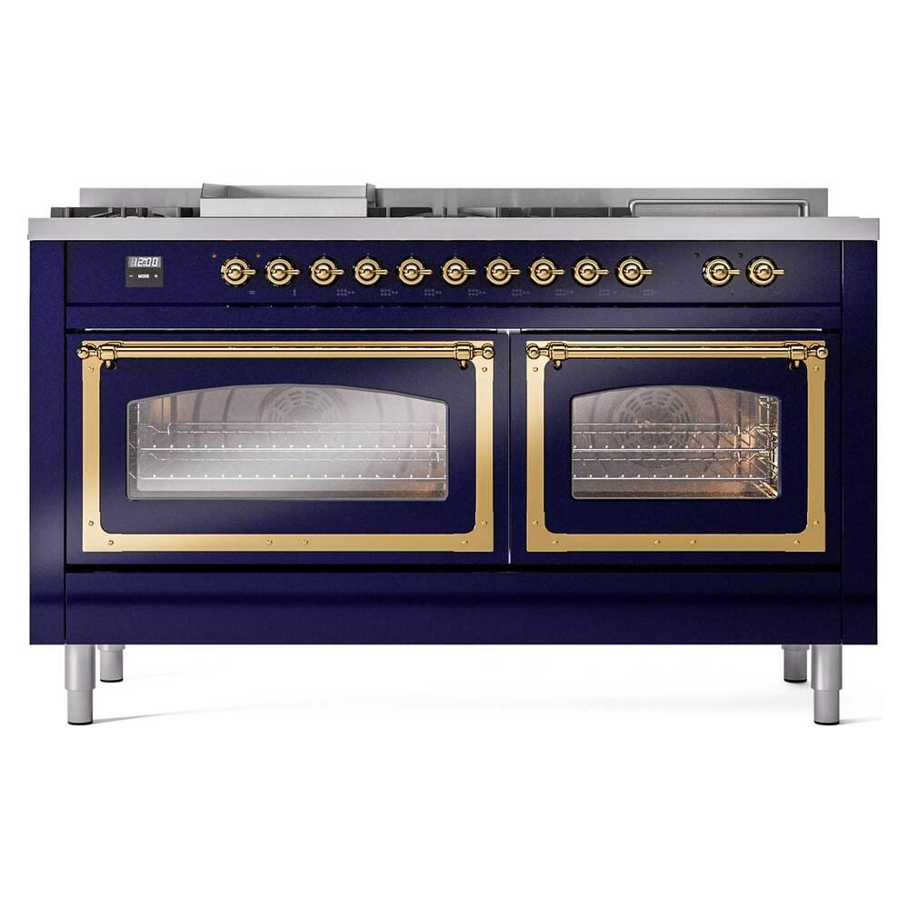 Ilve UN60FSNMPMBG Ilve Un60Fsnmpmbg Nostalgie Ii Noblesse 60" Dual Fuel Range (7 Sealed Burners + Griddle + French Top, Natural Gas, Triple Glass Door, Midnight Blue, Brass)