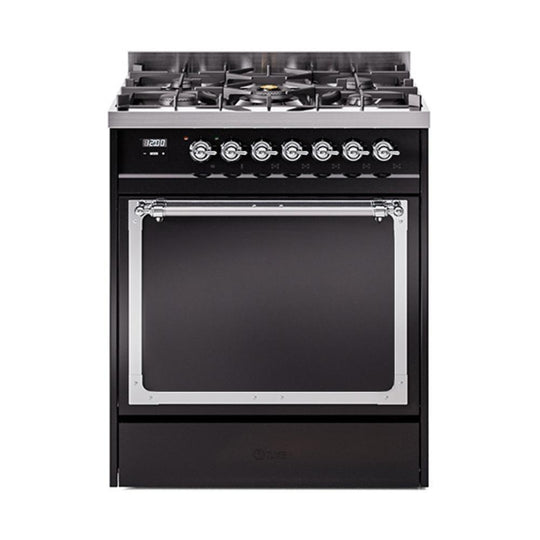 Ilve UN30QNMPBKC Ilve Un30Qnmpbkc Nostalgie Ii Noblesse 30" Dual Fuel Range (Natural Gas, Solid Door, Glossy Black, Chrome)