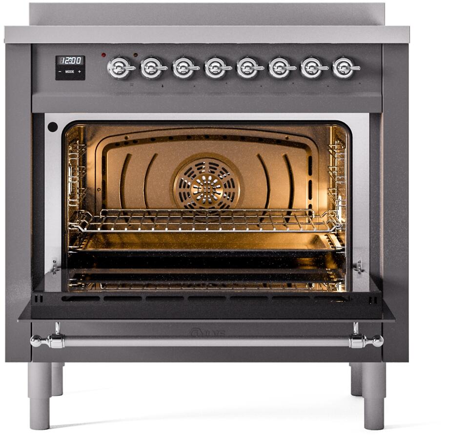 Ilve UPI366NMPMGC Nostalgie Ii 36 Inch Electric Freestanding Range In Matte Graphite With Chrome Trim