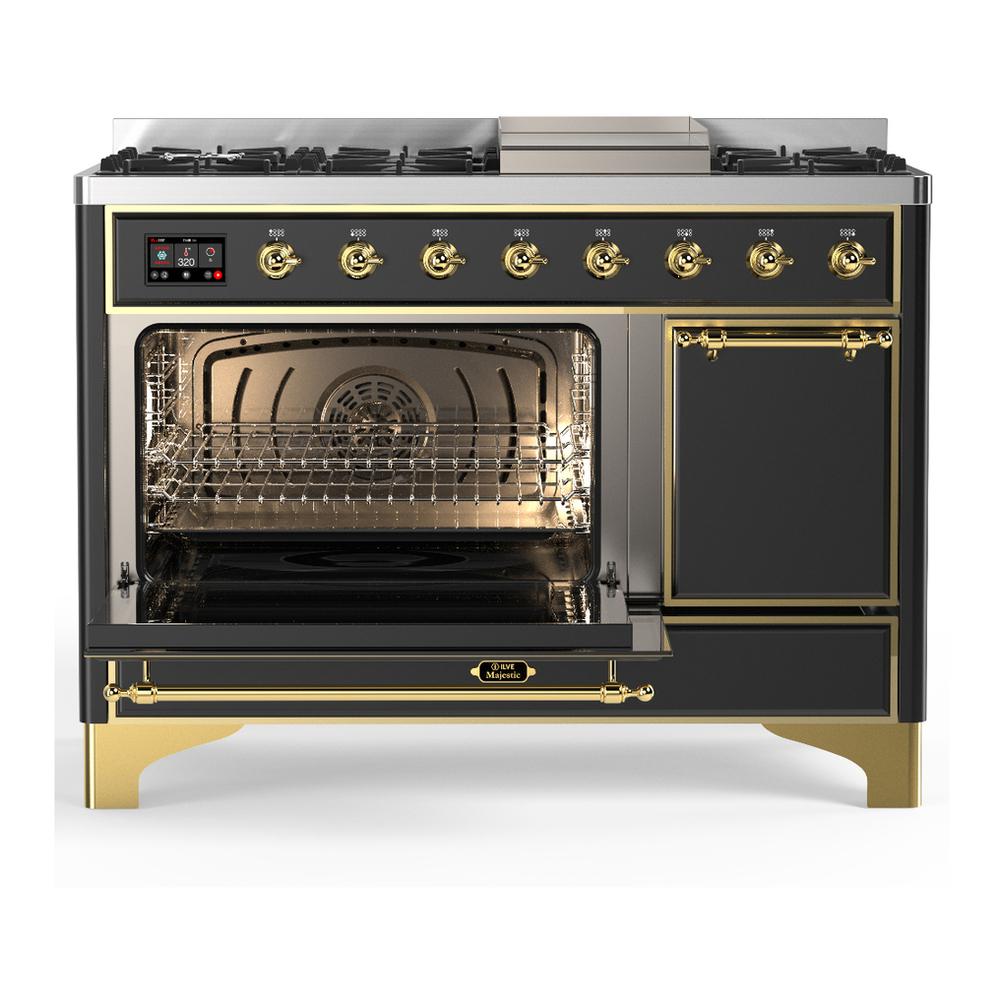 Ilve UM48FQNR3MGGLP Ilve Um48Fqnr3Mgglp Majestic Iii 48 Inch Dual Fuel Range With 8 Burners And Griddle, Dual Function Burner Up To 25,000 Btu (Liquid Propane, Solid Door, Graphite Matte, Brass)