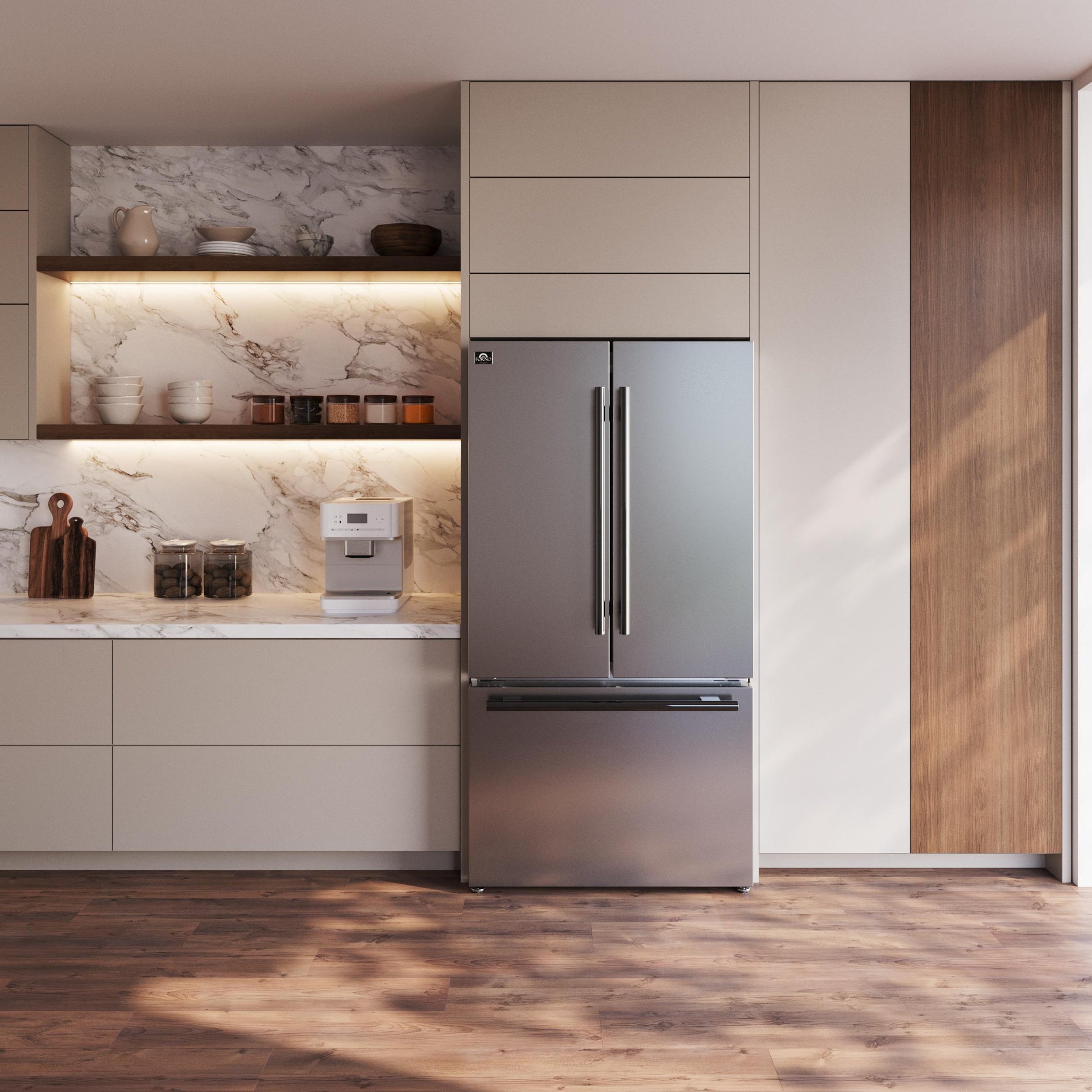 Forno FFFFD178336S Forno Rivello 36 Inch French Door Refrigerator In Stainless Steel, Internal Water Dispenser, Filtered Ice, Adjustable Shelves, Energy Star Certified