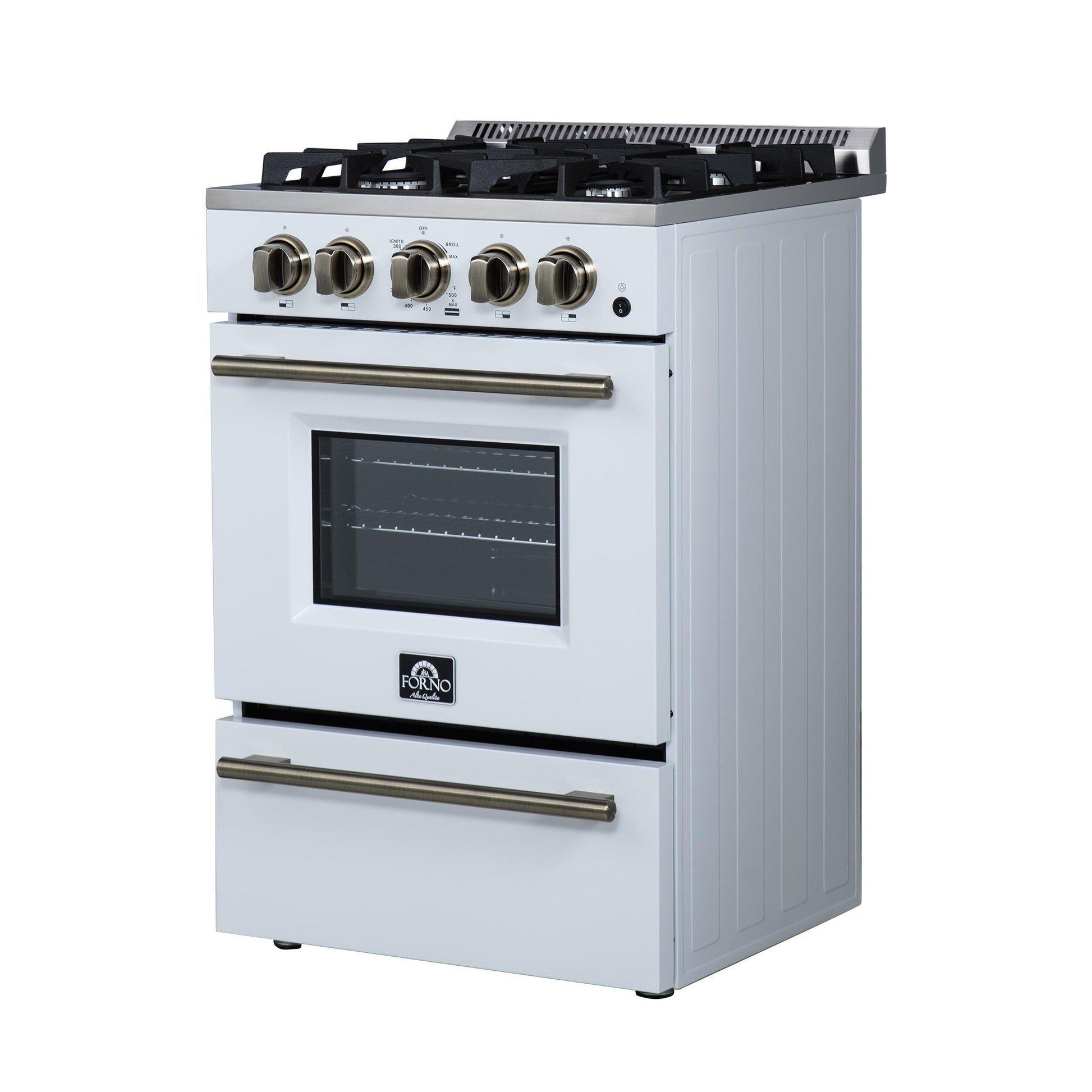 Forno FFSGS627224WHT Forno Breno 24 Inch Freestanding Gas Range In White With Antique Brass, Compact Design