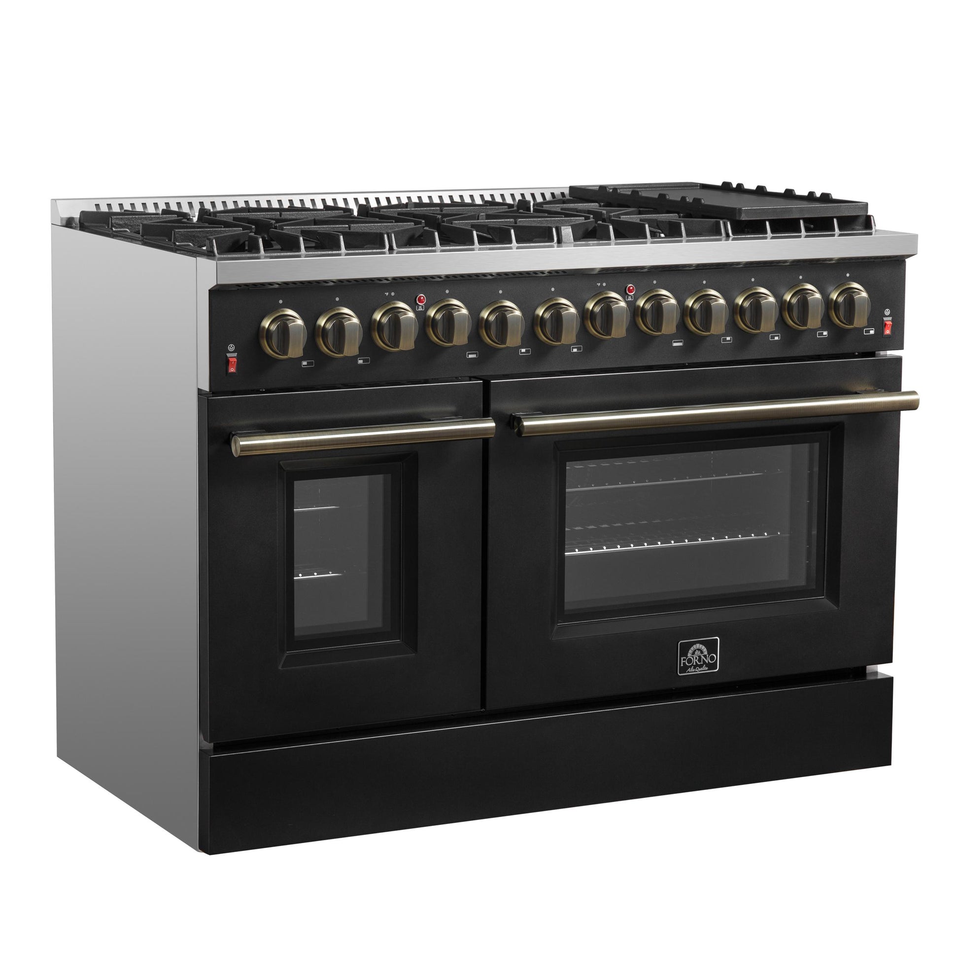 Forno FFSGS615648BLK Galiano 48-Inch Dual Fuel Range Black & Antique Brass Design With 8 Sealed Burners 107,000 Btu, 6.58 Cu. Ft. Double Ovens & Griddle