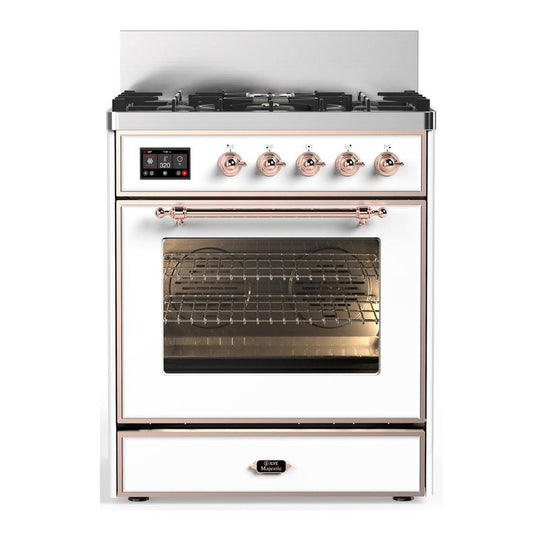 Ilve UM30NR3WHP Ilve Um30Nr3Whp Majestic Iii 30 Inch Dual Fuel Range With 5 Black Brass Burners, Dual Function Burner Up To 25,000 Btu (Natural Gas, Triple Glass Door, White, Copper)