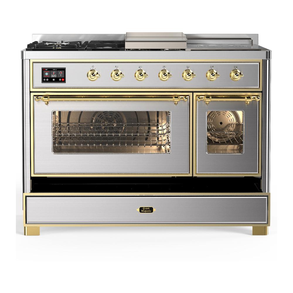 Ilve UM48FSNR3SSGLP Ilve Um48Fsnr3Ssglp Majestic Iii 48 Inch Dual Fuel Range With 5 Black Brass Burners, Griddle And French Top, Dual Function Burner Up To 25,000 Btu (Liquid Propane, Triple Glass Door, Stainless Steel, Brass)