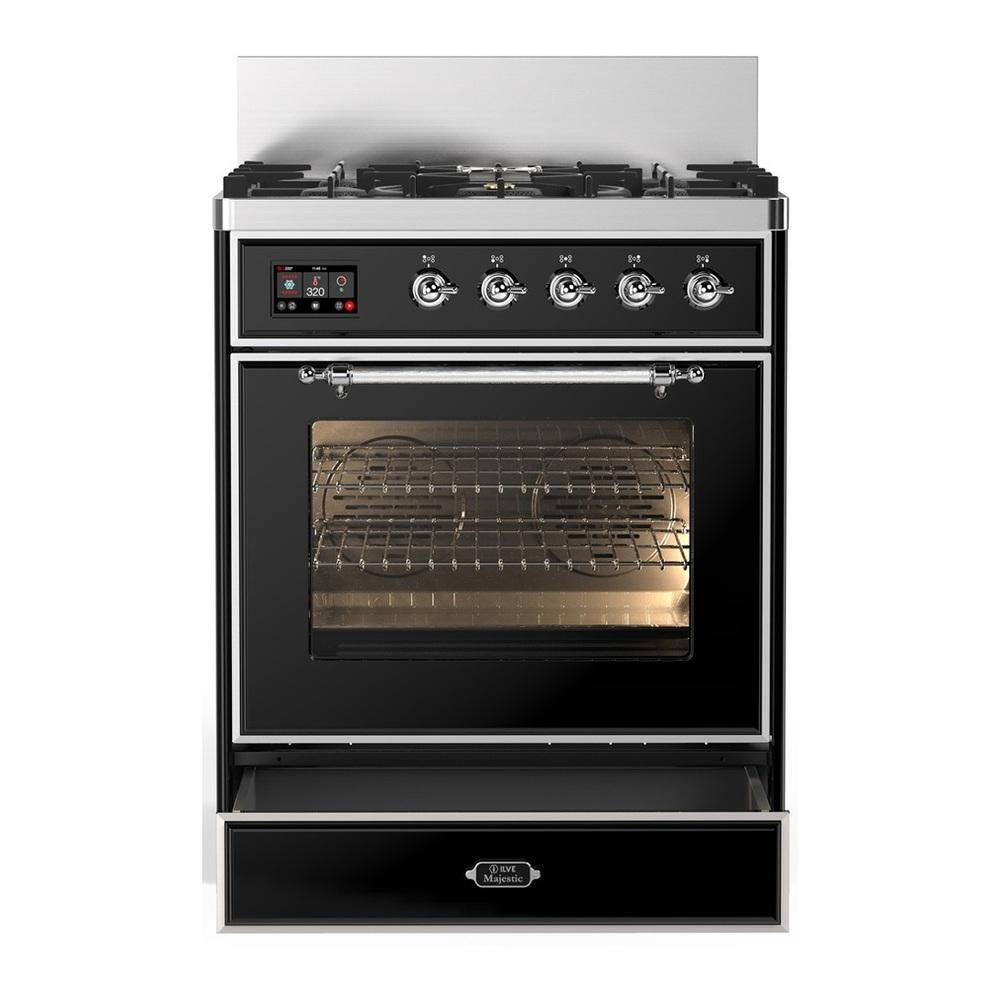 Ilve UM30NR3BKC Ilve Um30Nr3Bkc Majestic Iii 30 Inch Dual Fuel Range With 5 Black Brass Burners, Dual Function Burner Up To 25,000 Btu (Natural Gas, Triple Glass Door, Glossy Black, Chrome)