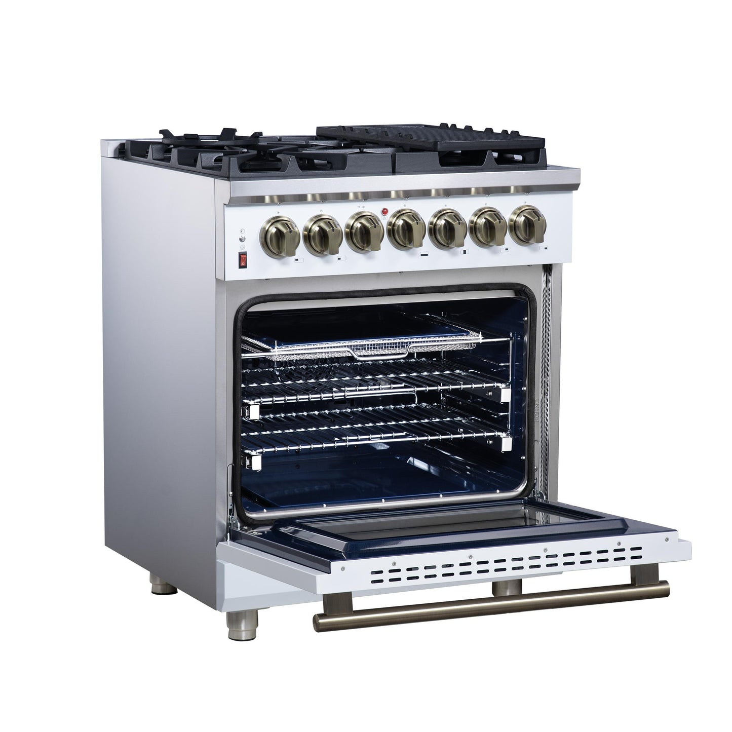 Forno FFSGS612530WHT Forno Massimo 30-Inch Freestanding Dual Fuel Range In White With Antique Brass Accessories, 4 Burners, 4.32 Cu. Ft. Convection Oven