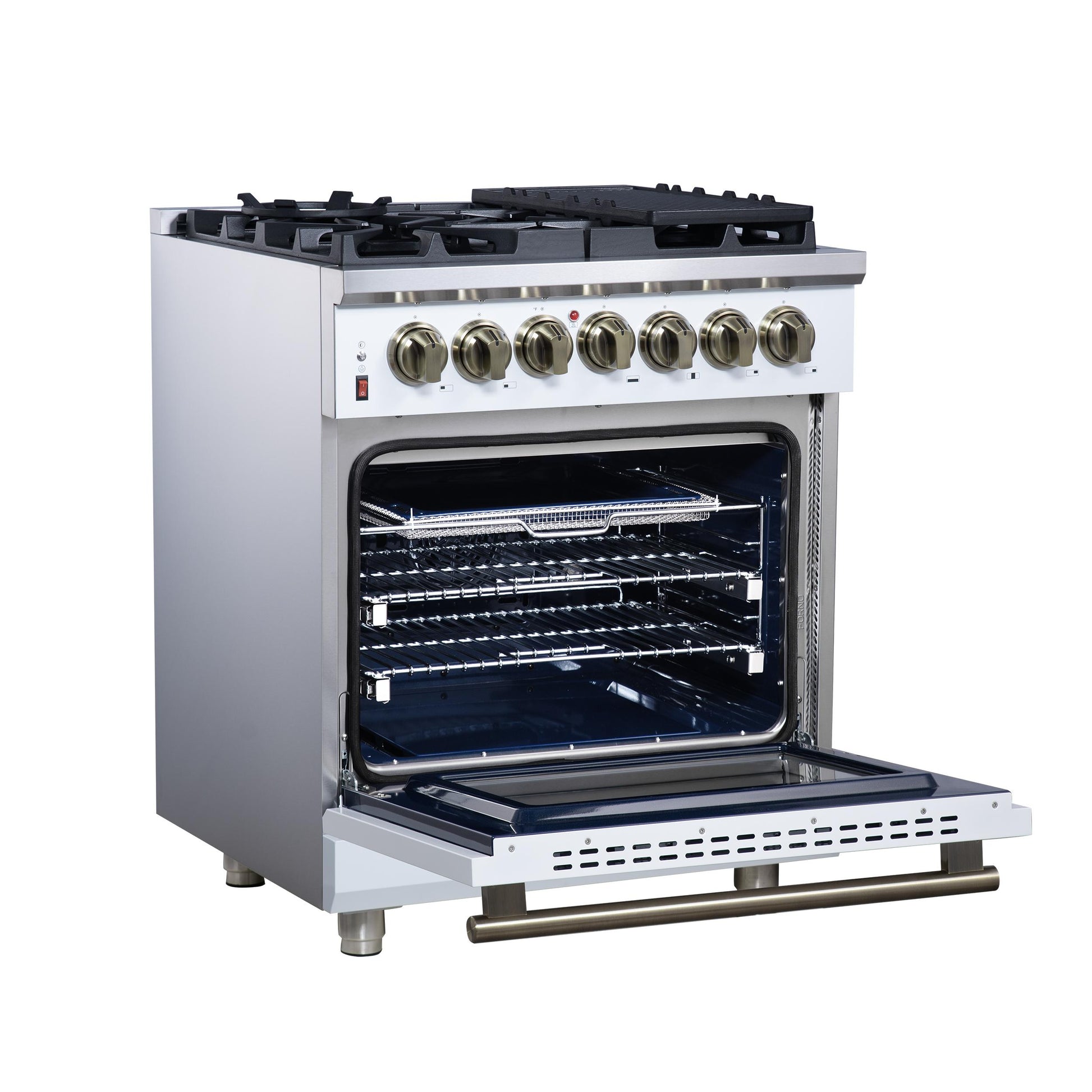 Forno FFSGS612530WHT Forno Massimo 30-Inch Freestanding Dual Fuel Range In White With Antique Brass Accessories, 4 Burners, 4.32 Cu. Ft. Convection Oven
