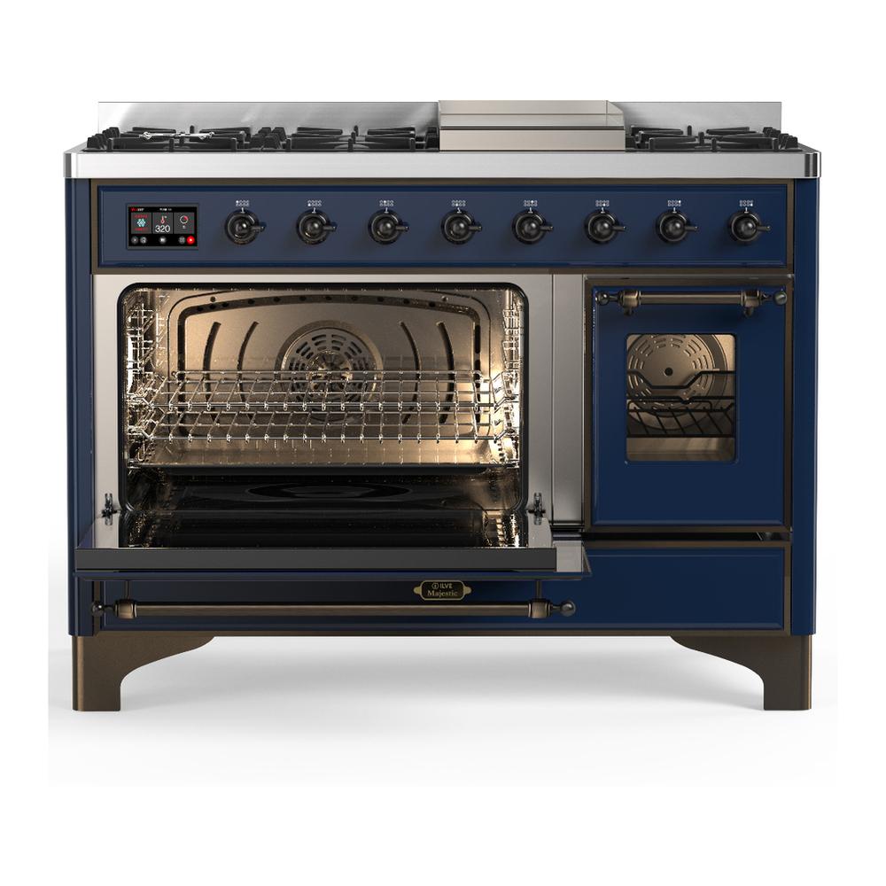 Ilve UM48FNR3MBB Ilve Um48Fnr3Mbb Majestic Iii 48 Inch Dual Fuel Range With 8 Burners And Griddle, Dual Function Burner Up To 25,000 Btu (Natural Gas, Triple Glass Door, Midnight Blue, Burnished)