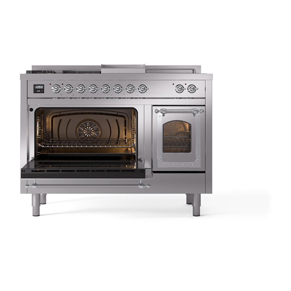 Ilve UN48FSNMPSSCLP Ilve Un48Fsnmpssclp Nostalgie Ii Noblesse 48" Dual Fuel Range (5 Sealed Burners + Griddle + French Top, Liquid Propane, Triple Glass Door, Stainless Steel, Chrome)