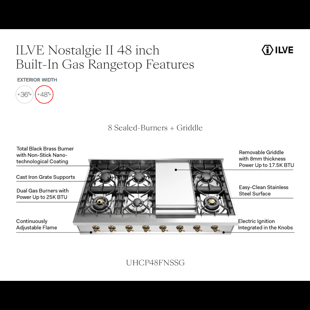 Ilve UHCP48FNSSG Ilve Uhcp48Fnssg Nostalgie Ii 48 Inch Built-In Gas Rangetop With Griddle, In Stainless Steel (Natural Gas)