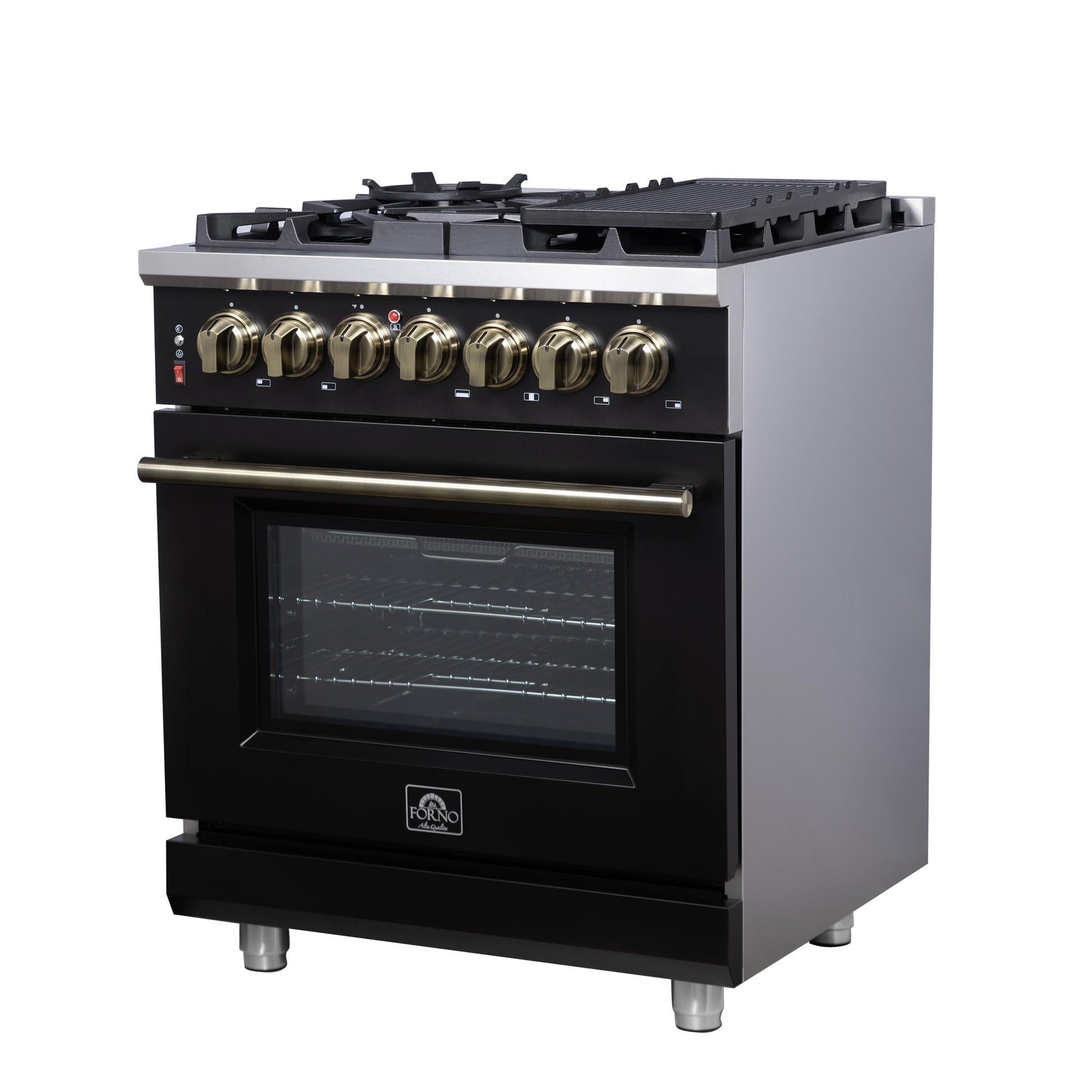 Forno FFSGS612530BLK Forno Massimo 30-Inch Freestanding Dual Fuel Range In Black With Antique Brass Accessories, 4 Burners, 4.32 Cu. Ft. Convection Oven