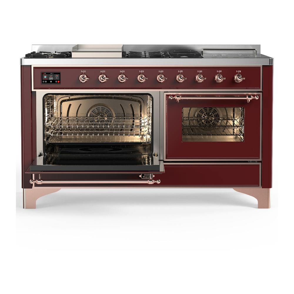 Ilve UM60FSNR3BUP Ilve Um60Fsnr3Bup Majestic Iii 60 Inch Dual Fuel Range With 7 Burners, Griddle And French Top, Dual Function Burner With Up To 25,000 Btu (Natural Gas, Triple Glass Door, Burgundy, Copper)