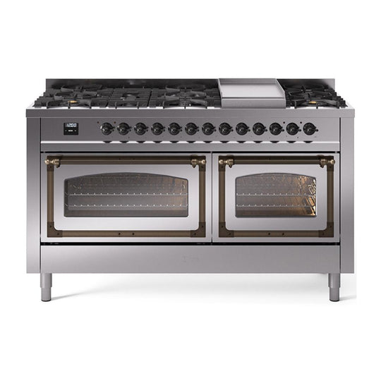 Ilve UN60FNMPSSB Ilve Un60Fnmpssb Nostalgie Ii Noblesse 60" Dual Fuel Range (9 Sealed Burners + Griddle, Natural Gas, Triple Glass Door, Stainless Steel, Burnished)