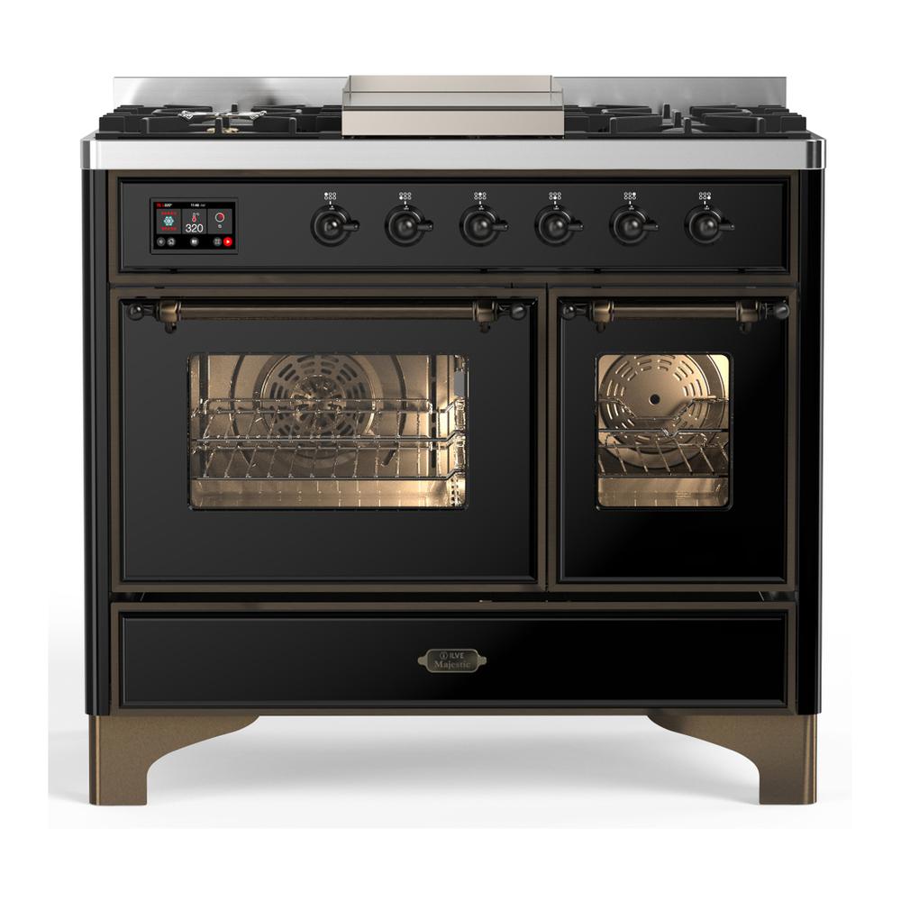 Ilve UMD40FNR3BKB Ilve Umd40Fnr3Bkb Majestic Iii 40 Inch Dual Fuel Range With 6 Burners And Griddle, Dual Function Burner Up To 25,000 Btu (Natural Gas, Triple Glass Door, Glossy Black, Burnished)