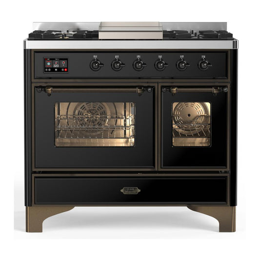 Ilve UMD40FNR3BKB Ilve Umd40Fnr3Bkb Majestic Iii 40 Inch Dual Fuel Range With 6 Burners And Griddle, Dual Function Burner Up To 25,000 Btu (Natural Gas, Triple Glass Door, Glossy Black, Burnished)