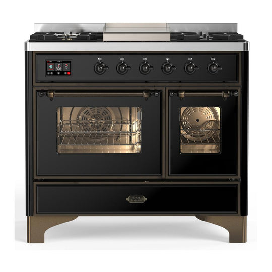 Ilve UMD40FNR3BKB Ilve Umd40Fnr3Bkb Majestic Iii 40 Inch Dual Fuel Range With 6 Burners And Griddle, Dual Function Burner Up To 25,000 Btu (Natural Gas, Triple Glass Door, Glossy Black, Burnished)