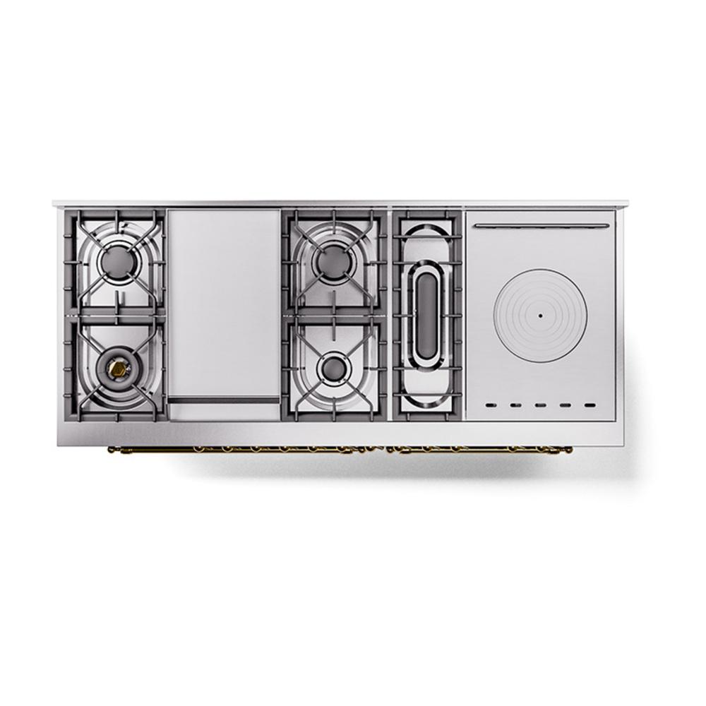 Ilve UN60FSNMPBUG Ilve Un60Fsnmpbug Nostalgie Ii Noblesse 60" Dual Fuel Range (7 Sealed Burners + Griddle + French Top, Natural Gas, Triple Glass Door, Burgundy, Brass)