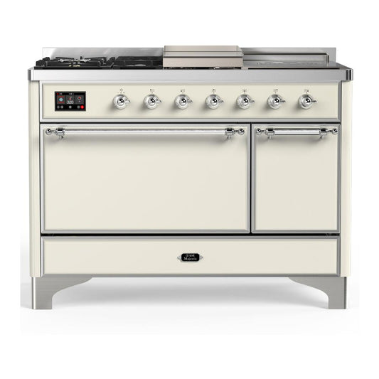 Ilve UM48FSQNR3AWCLP Ilve Um48Fsqnr3Awclp Majestic Iii 48 Inch Dual Fuel Range With 5 Black Brass Burners, Griddle And French Top, Dual Function Burner Up To 25,000 Btu (Liquid Propane, Solid Door, Antique White, Chrome)
