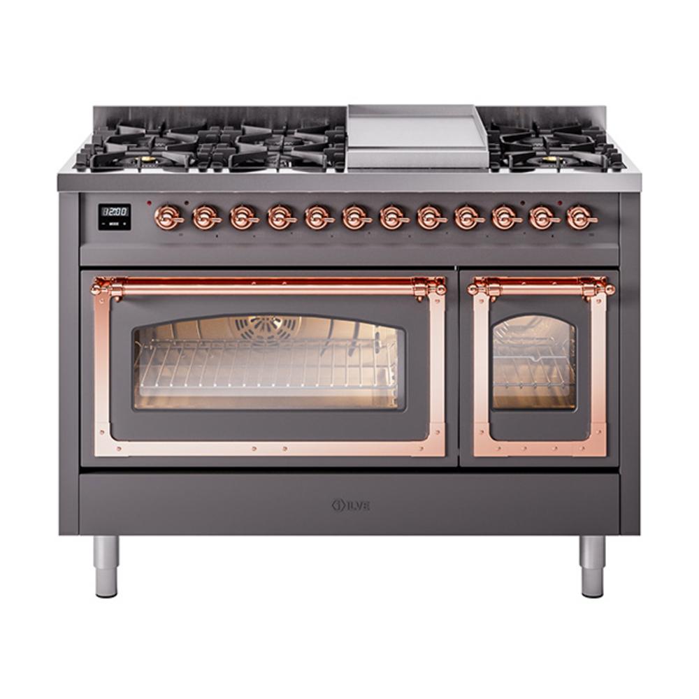 Ilve UN48FNMPMGP Ilve Un48Fnmpmgp Nostalgie Ii Noblesse 48" Dual Fuel Range (8 Sealed Burners + Griddle, Natural Gas, Triple Glass Door, Graphite Matte, Copper)