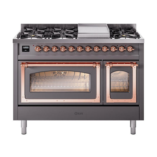 Ilve UN48FNMPMGP Ilve Un48Fnmpmgp Nostalgie Ii Noblesse 48" Dual Fuel Range (8 Sealed Burners + Griddle, Natural Gas, Triple Glass Door, Graphite Matte, Copper)