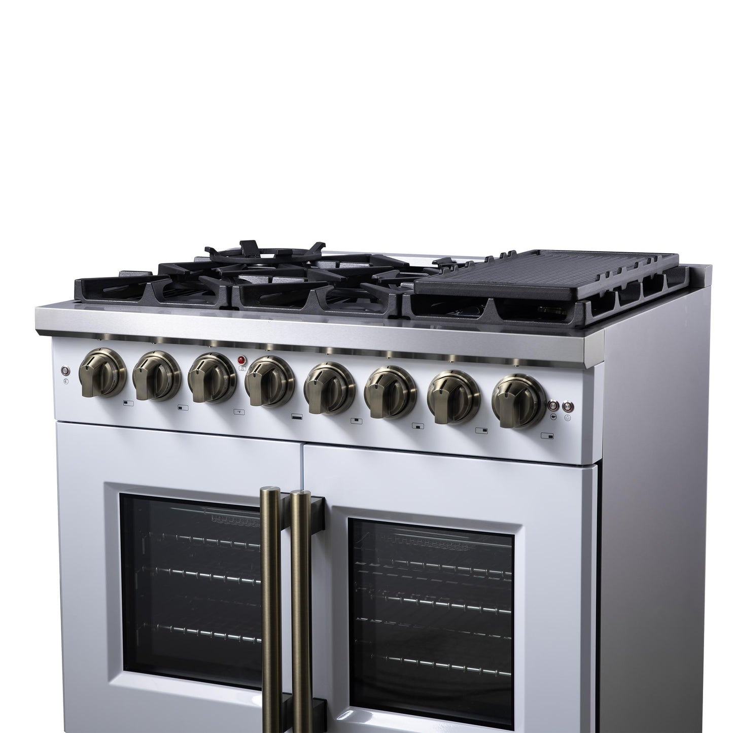 Forno FFSGS638736WHT Forno Capriasca 36 Inch Freestanding French Door Dual Fuel Range In White With Antique Brass Accessories, 6 Burners, True Convection Oven