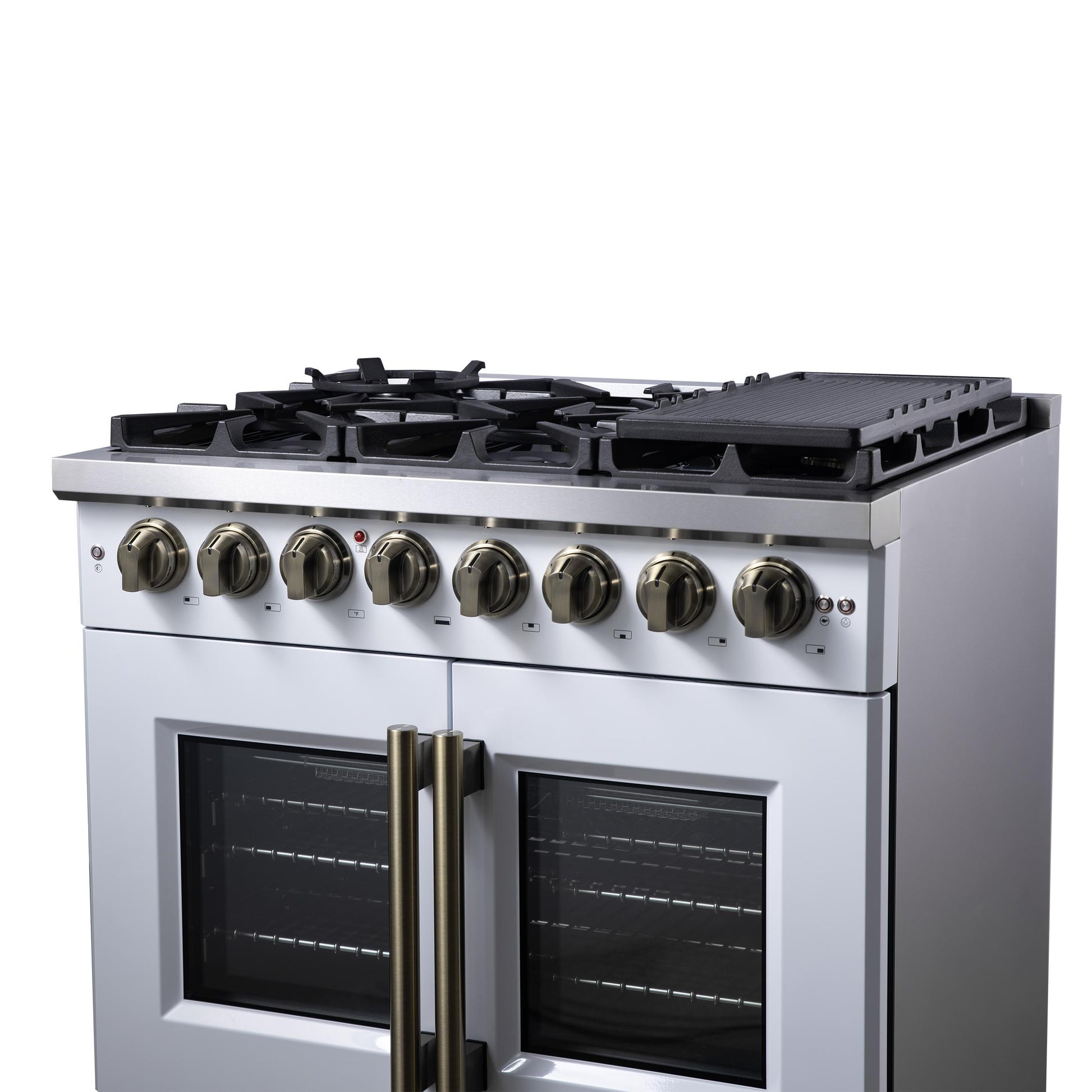 Forno FFSGS638736WHT Forno Capriasca 36 Inch Freestanding French Door Dual Fuel Range In White With Antique Brass Accessories, 6 Burners, True Convection Oven