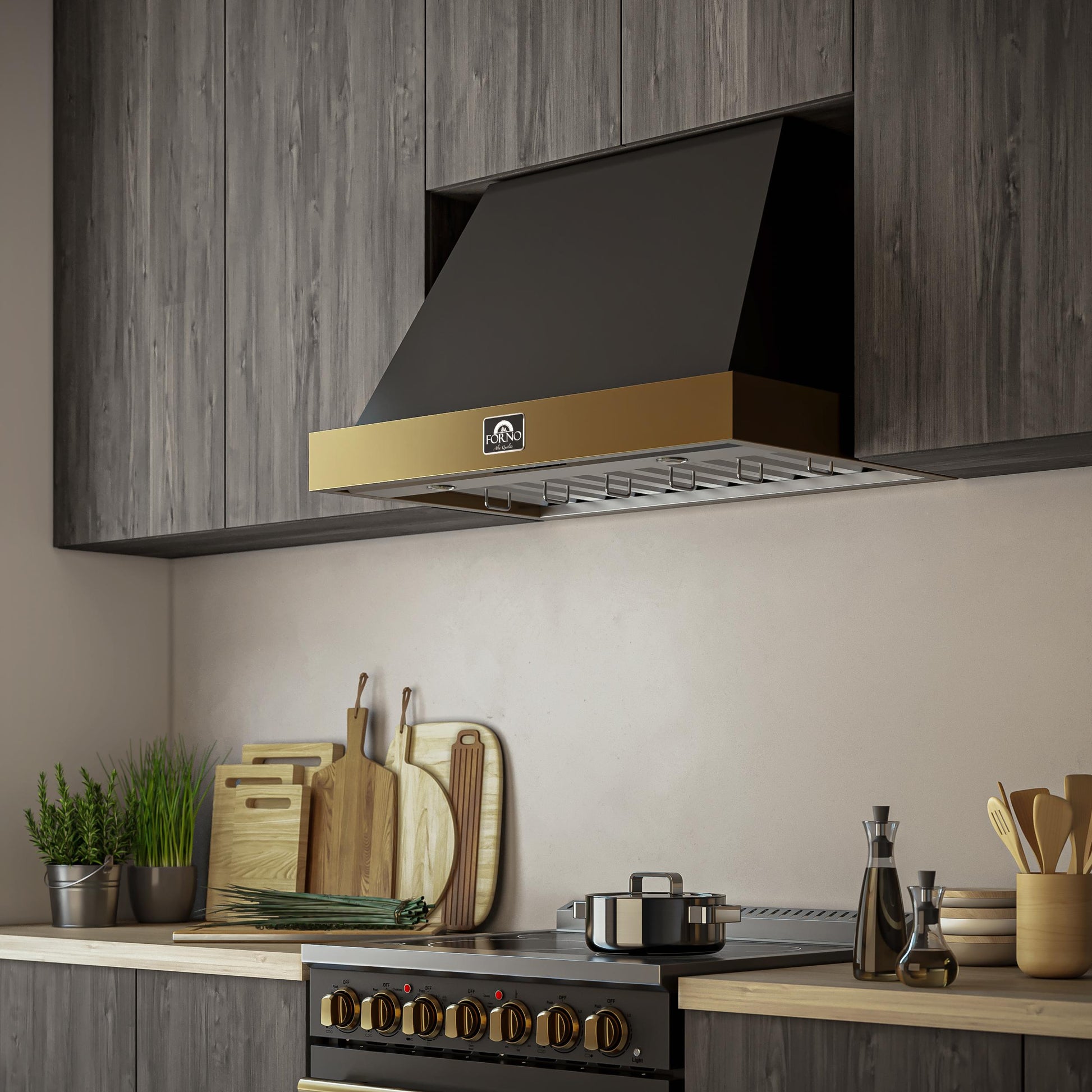 Forno FRHWM507836BLK Forno Vittorio 36-Inch Wall Mount Range Hood, Black With Antique Brass Trim, 424 Cfm Airflow, Dishwasher-Safe Baffle Filters, Remote Control, 3-Speed Fan, Bright Led Lighting.