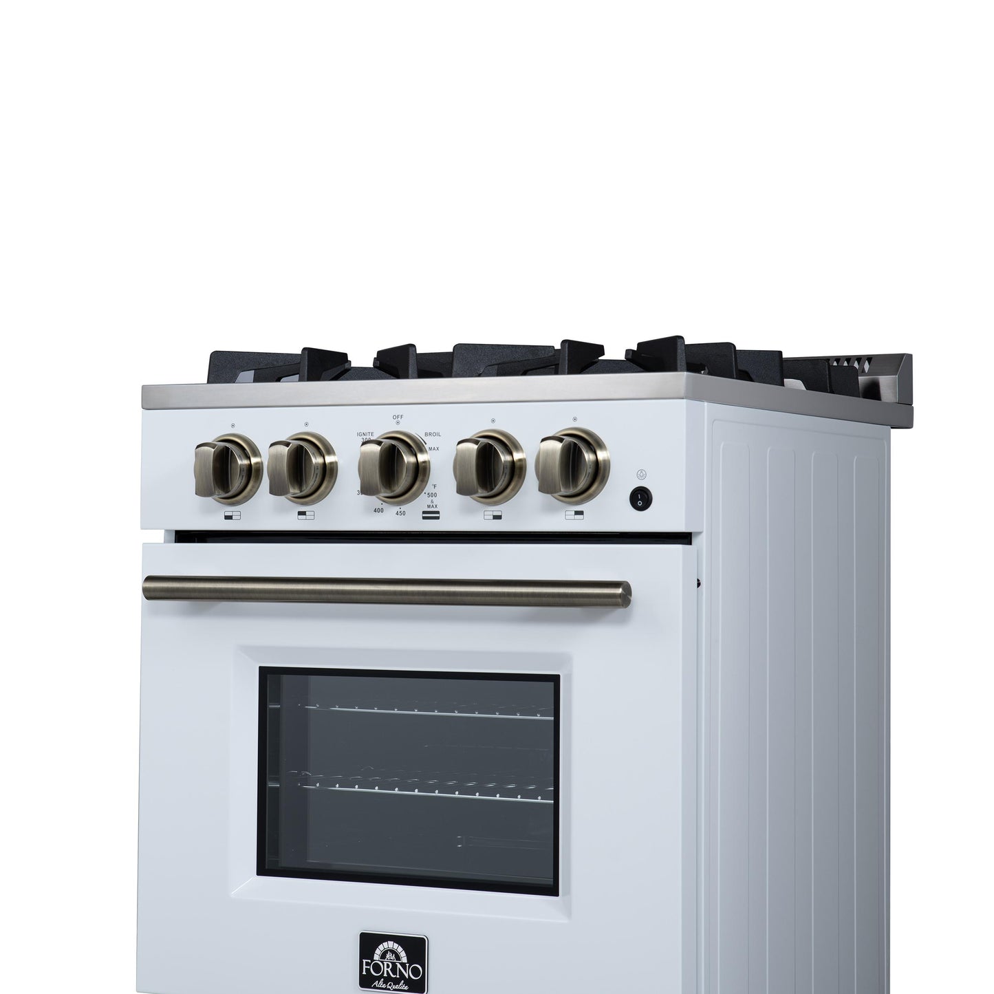 Forno FFSGS627224WHT Forno Breno 24 Inch Freestanding Gas Range In White With Antique Brass, Compact Design