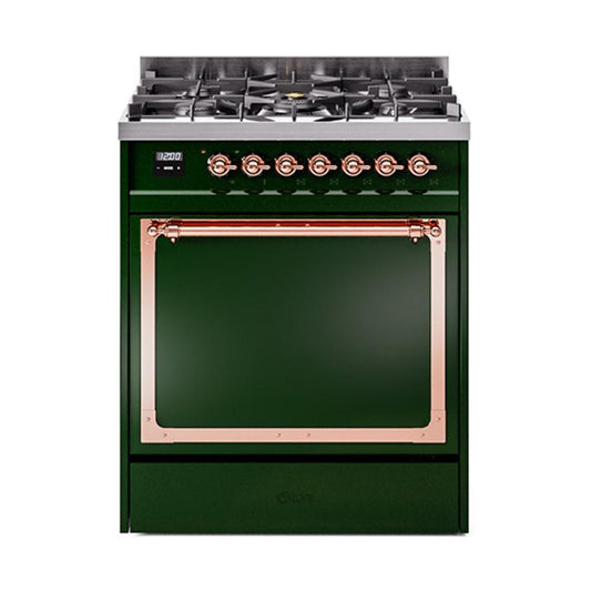 Ilve UN30QNMPEGP Ilve Un30Qnmpegp Nostalgie Ii Noblesse 30" Dual Fuel Range (Natural Gas, Solid Door, Emerald Green, Copper)
