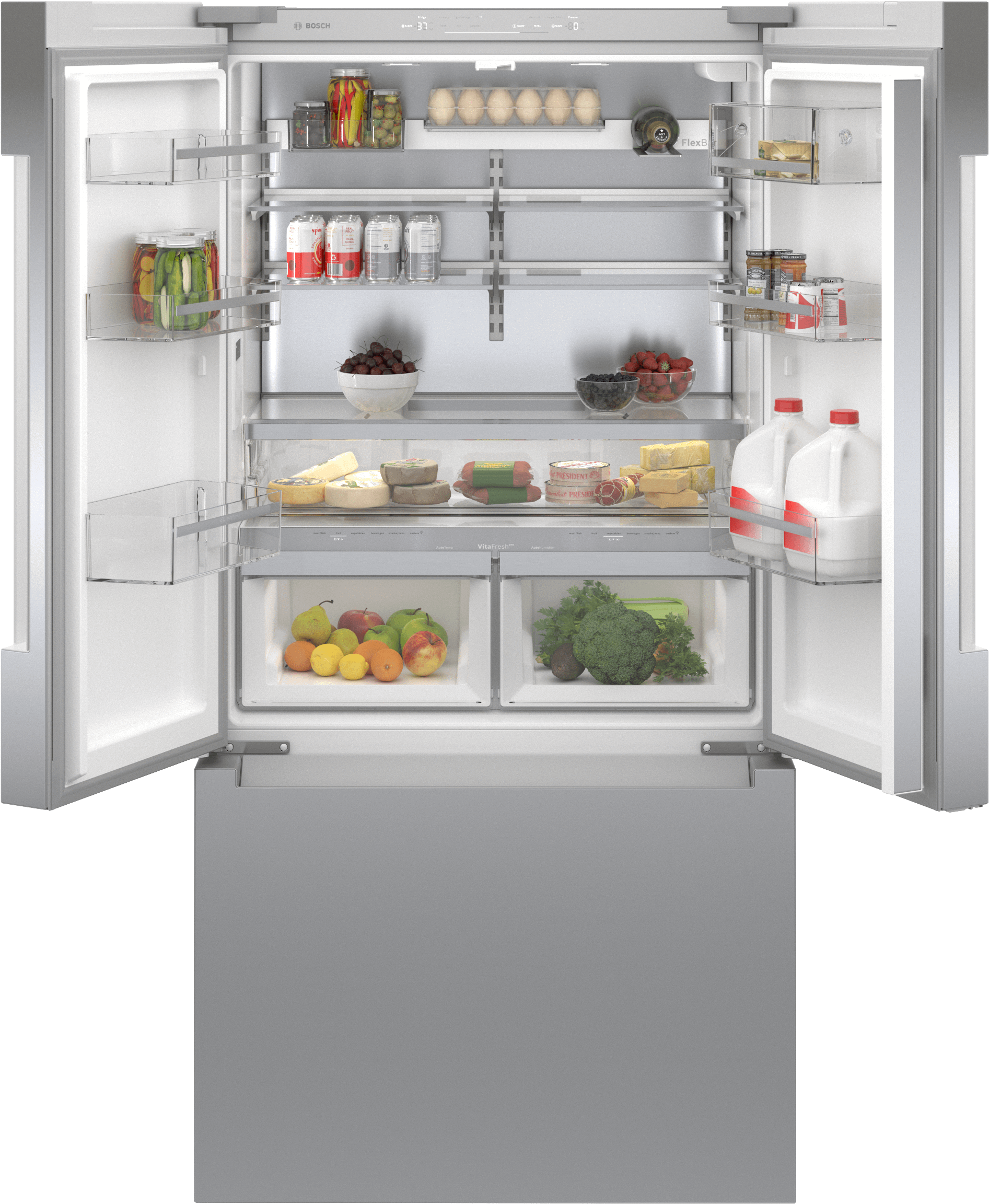 Bosch B36CT84ENS 800 Series, French Door Bottom Freezer, Multi Door, 36'', Brushed Steel (With Anti-Fingerprint), Total No Frost