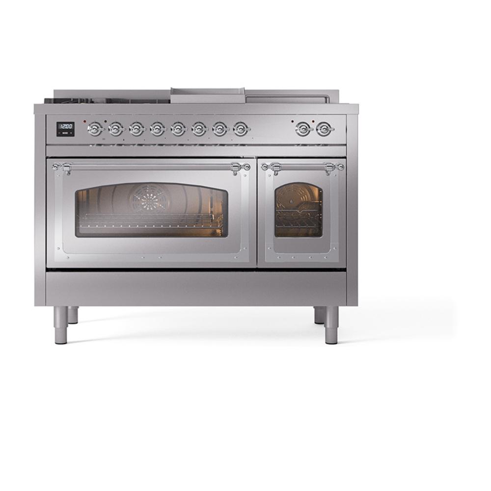 Ilve UN48FSNMPSSCLP Ilve Un48Fsnmpssclp Nostalgie Ii Noblesse 48" Dual Fuel Range (5 Sealed Burners + Griddle + French Top, Liquid Propane, Triple Glass Door, Stainless Steel, Chrome)