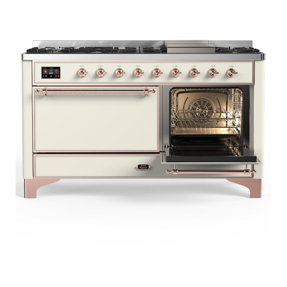 Ilve UM60FQNR3AWP Ilve Um60Fqnr3Awp Majestic Iii 60 Inch Dual Fuel Range With 9 Burners And Griddle, Dual Function Burner Up To 25,000 Btu (Natural Gas, Solid Door, Antique White, Copper)