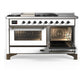 Ilve UM60FSNR3WHB Ilve Um60Fsnr3Whb Majestic Iii 60 Inch Dual Fuel Range With 7 Burners, Griddle And French Top, Dual Function Burner With Up To 25,000 Btu (Natural Gas, Triple Glass Door, White, Burnished)