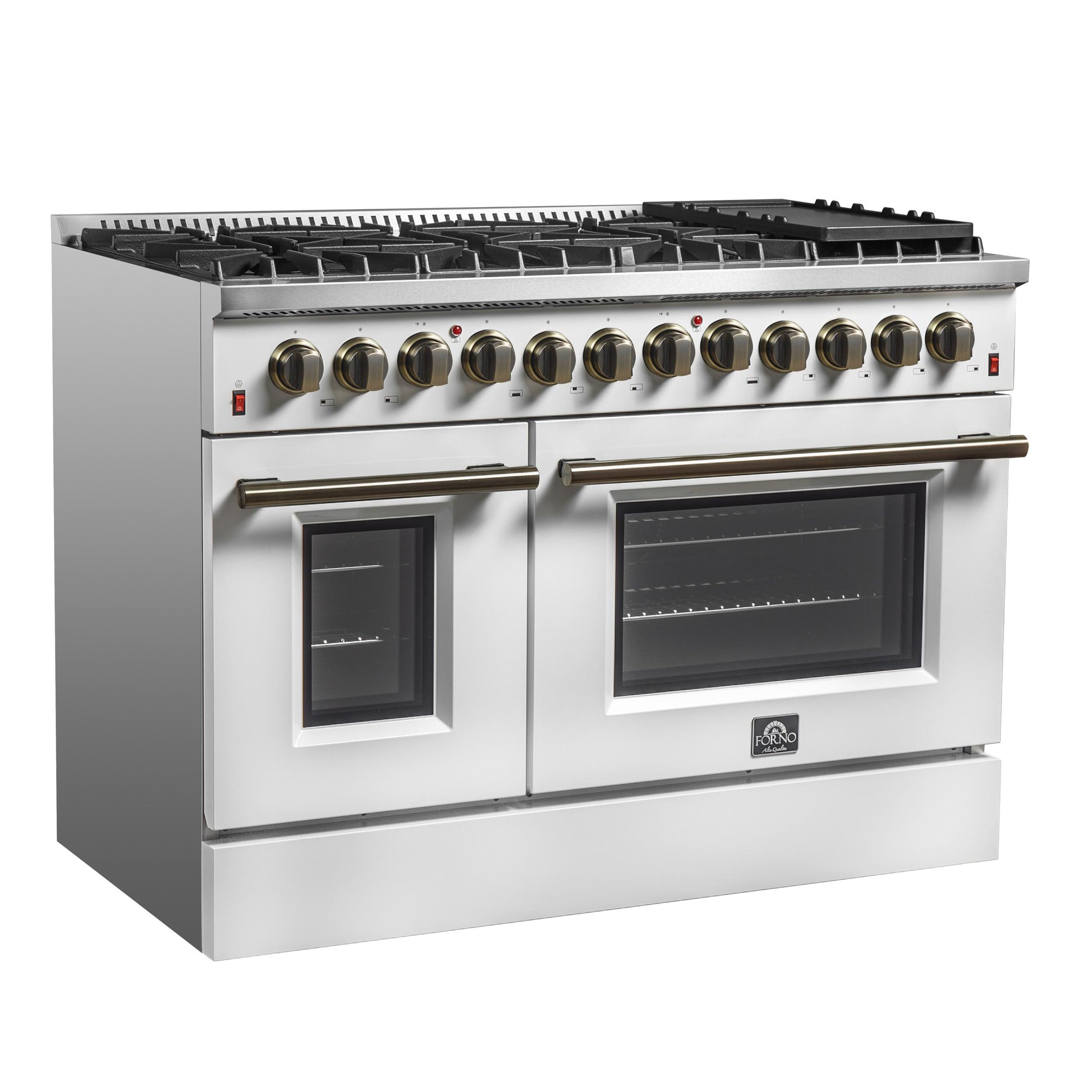 Forno FFSGS615648WHT Galiano 48-Inch Dual Fuel Range White & Antique Brass Design With 8 Sealed Burners 107,000 Btu, 6.58 Cu. Ft. Double Ovens & Griddle