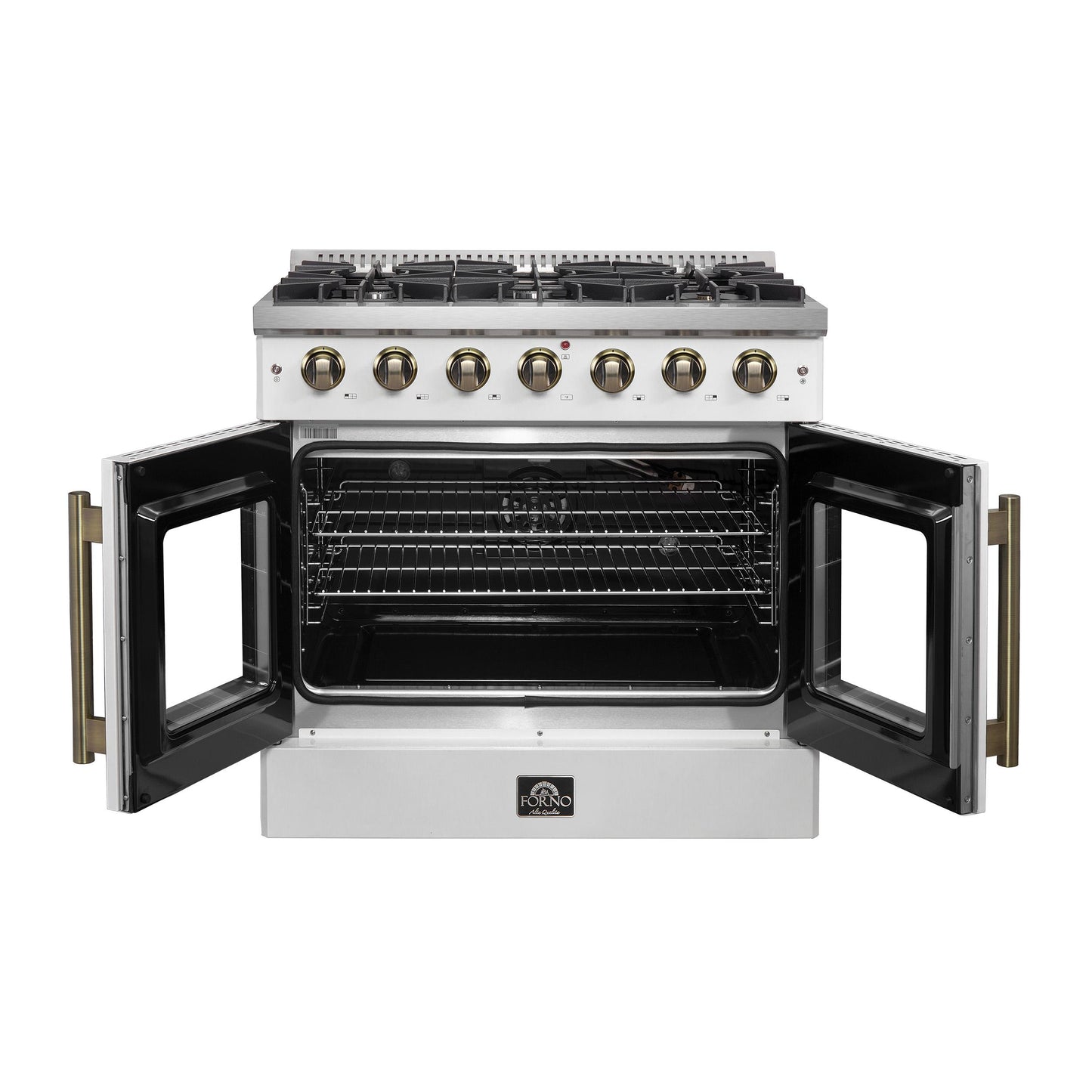 Forno FFSGS644436WHT Forno Galiano 36-Inch French Door Gas Range White And Antique Brass Design, 6 Sealed Burners 83,000 Btu, 5.36 Cu.Ft. Convection Oven