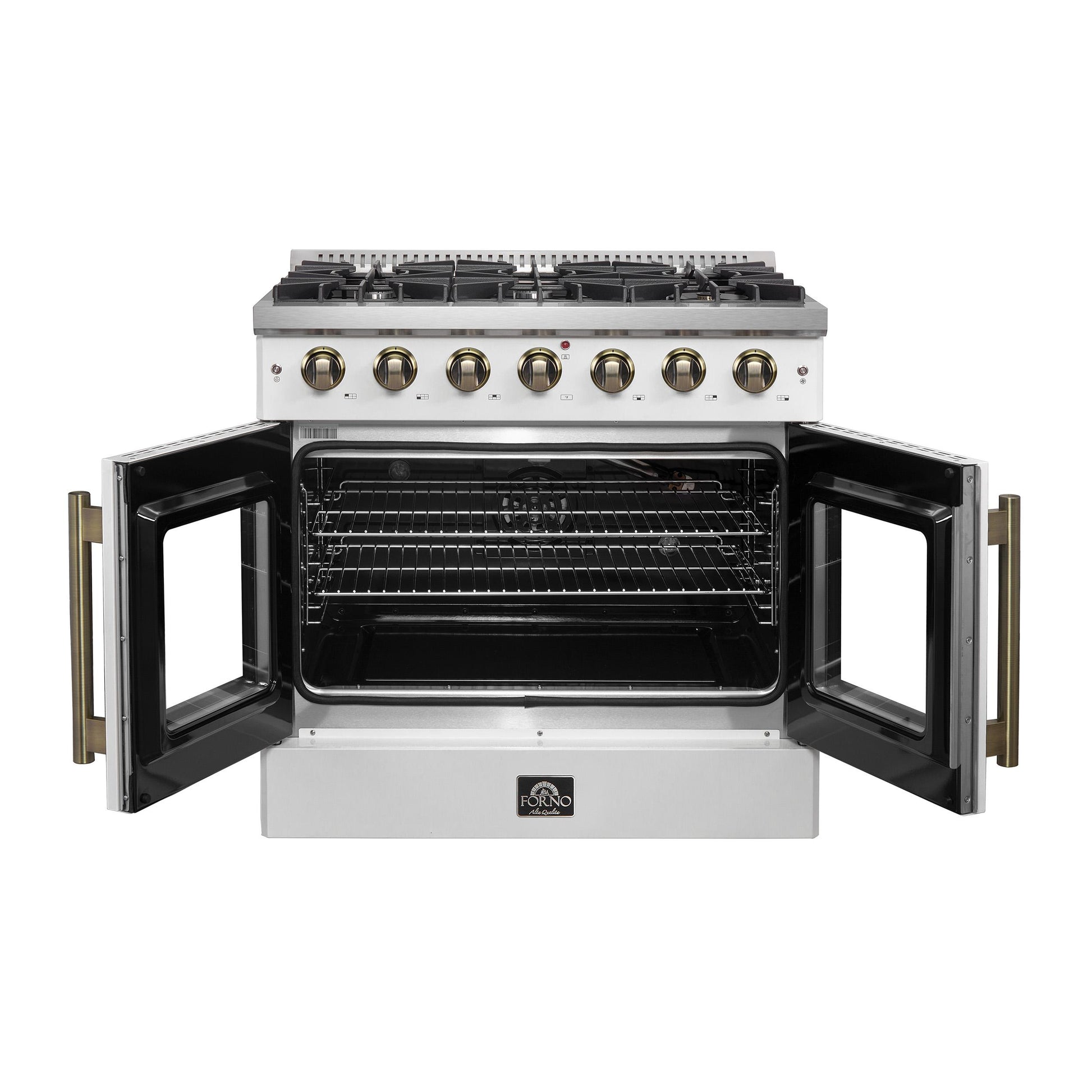 Forno FFSGS644436WHT Forno Galiano 36-Inch French Door Gas Range White And Antique Brass Design, 6 Sealed Burners 83,000 Btu, 5.36 Cu.Ft. Convection Oven
