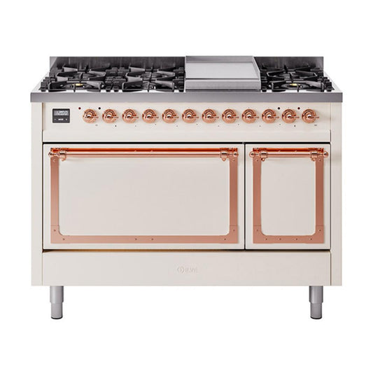 Ilve UN48FQNMPAWP Ilve Un48Fqnmpawp Nostalgie Ii Noblesse 48" Dual Fuel Range (8 Sealed Burners + Griddle, Natural Gas, Solid Door, Antique White, Copper)