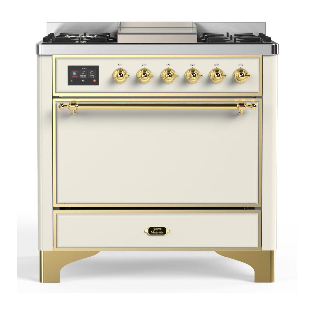 Ilve UM36FQNR3AWGLP Ilve Um36Fqnr3Awglp Majestic Iii 36 Inch Dual Fuel Range With 6 Black Brass Burners And Griddle, Dual Function Burner Up To 25,000 Btu (Solid Door, Antique White, Brass, Liquid Propane)